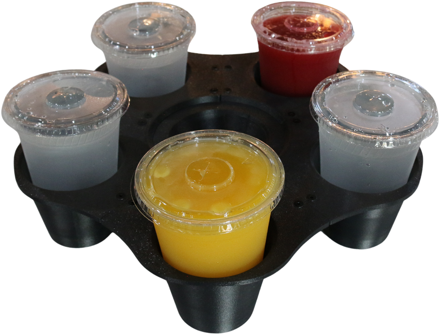 A GrippyTray loaded with five lidded cups — juices and sauces locked into the wells