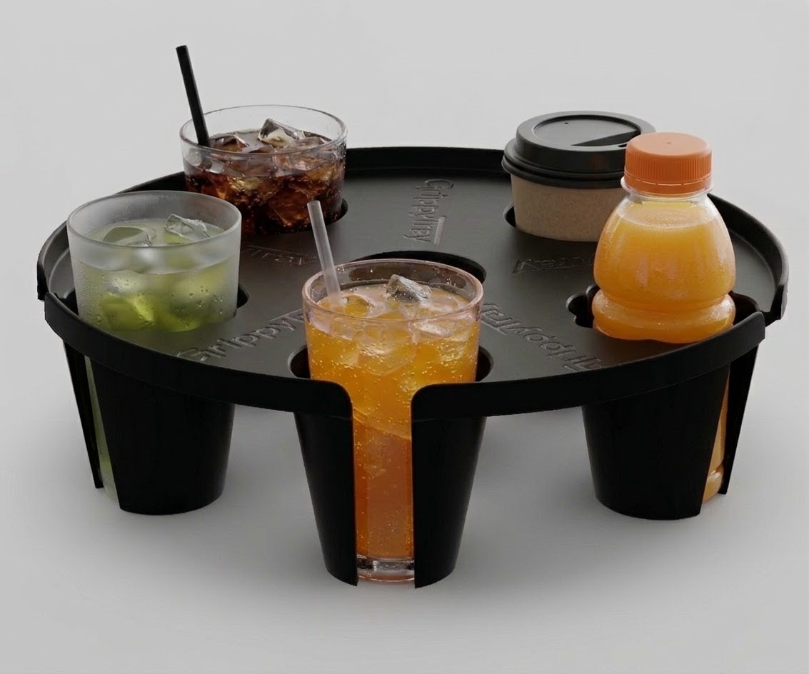 The final round GrippyTray design loaded with five different drinks